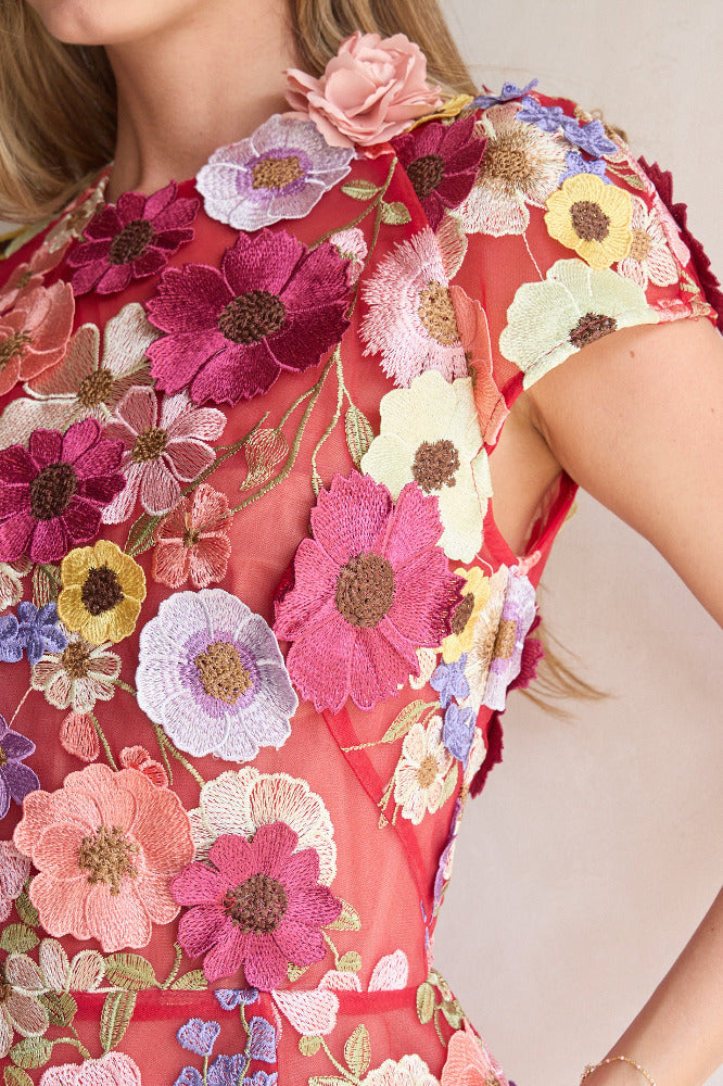 Jasmine Caplseeve Red Multi Mini Dress