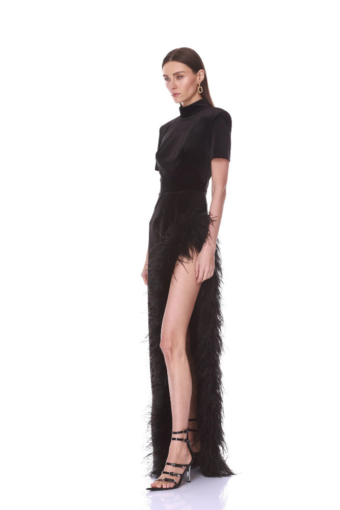 Short Sleeve Velvet Maxi Dress With Feather Trim