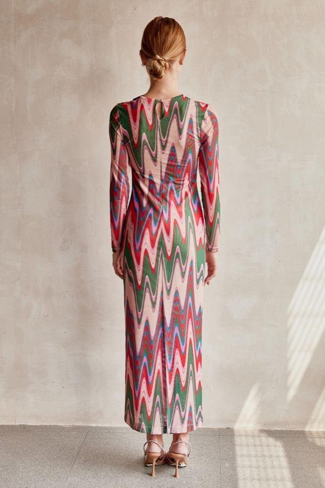 Wave Printed Tulle Maxi Dress