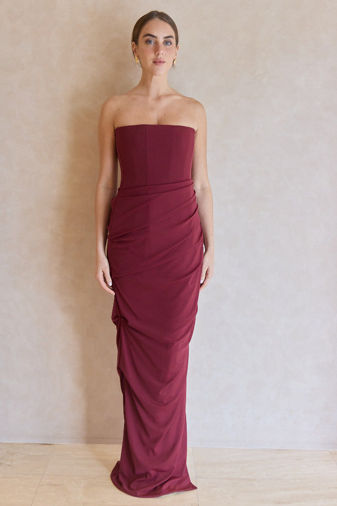Strapless Tucked Column in Stretch Mesh