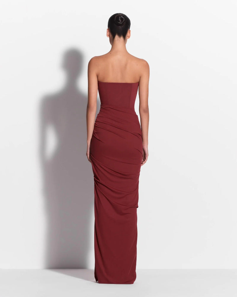 Strapless Tucked Column in Stretch Mesh