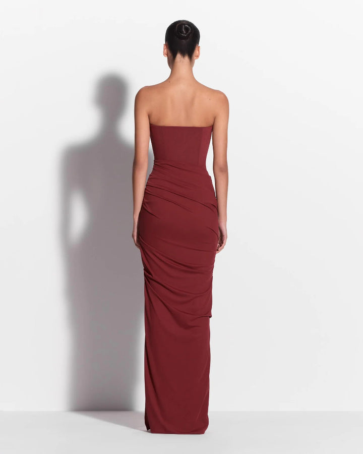 Strapless Tucked Column in Stretch Mesh