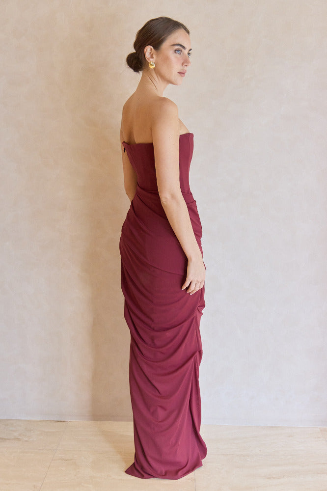 Strapless Tucked Column in Stretch Mesh