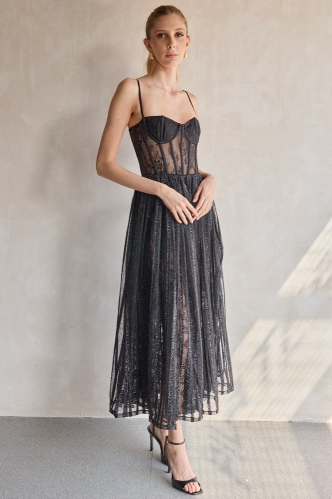 Lurex Tulle Bustier Midi Dress