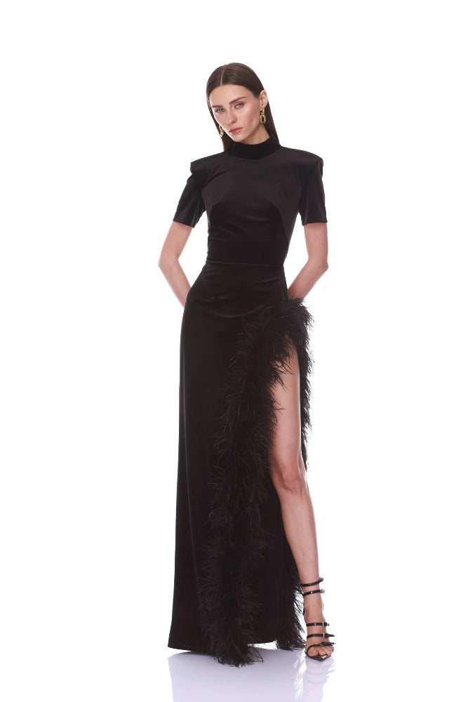 Short Sleeve Velvet Maxi Dress With Feather Trim