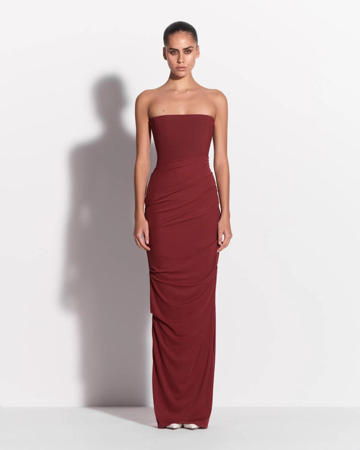 Strapless Tucked Column in Stretch Mesh