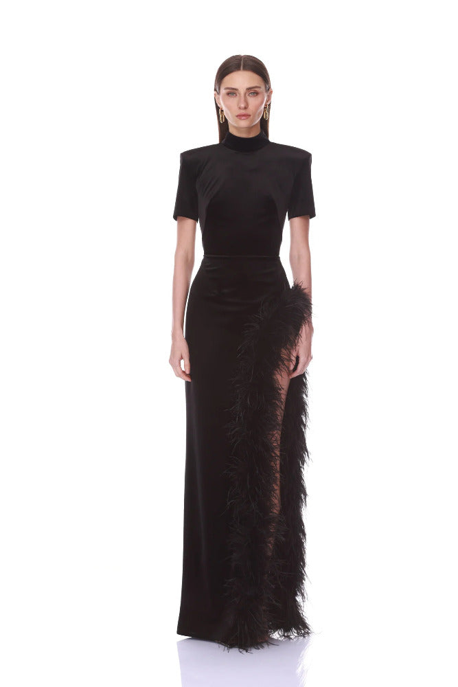 Short Sleeve Velvet Maxi Dress With Feather Trim
