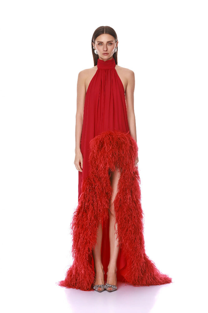 Halter Neck Feather Gown