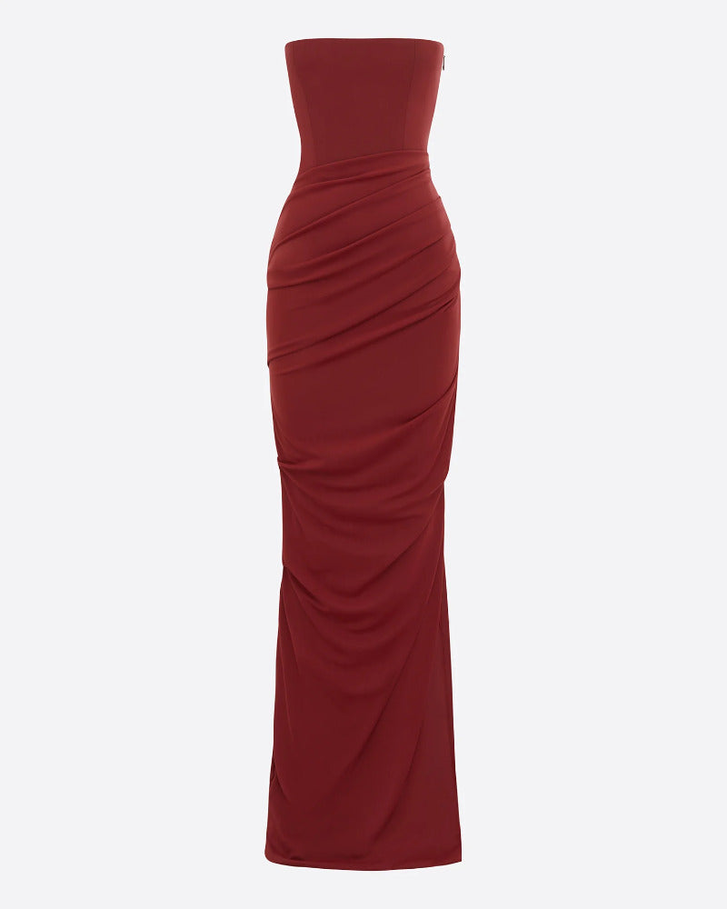 Strapless Tucked Column in Stretch Mesh