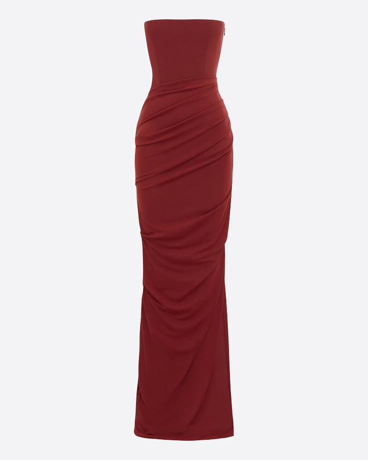 Strapless Tucked Column in Stretch Mesh